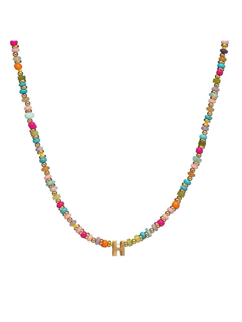 Multicolor Beaded Necklace with Gold 'H' Initial Pendant - Women's Jewelry